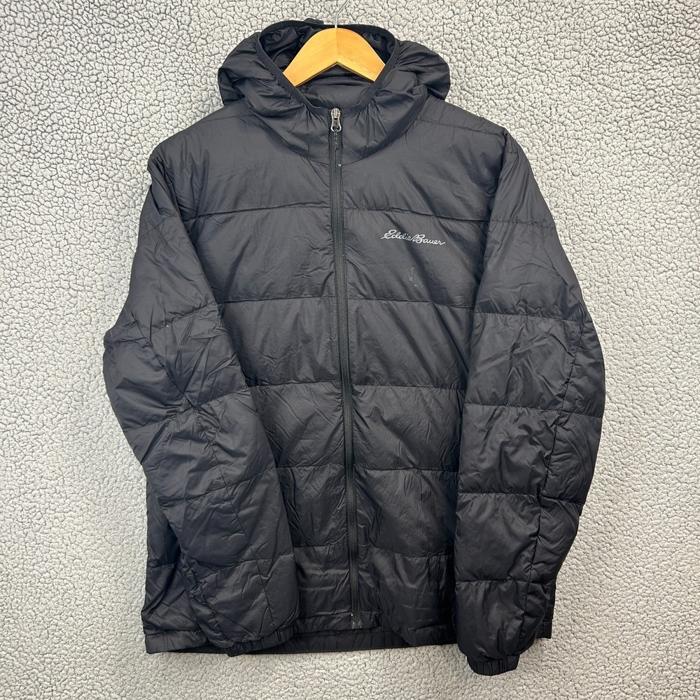 Eddie Bauer Jacket Mens Large Wide Channel Black‎ Hooded Down Puffer 650 Fill